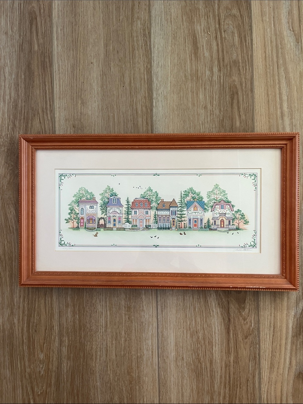 LENOX Framed Row of Houses Wall Art - Beige and Pastel Colors, Vintage 1990s